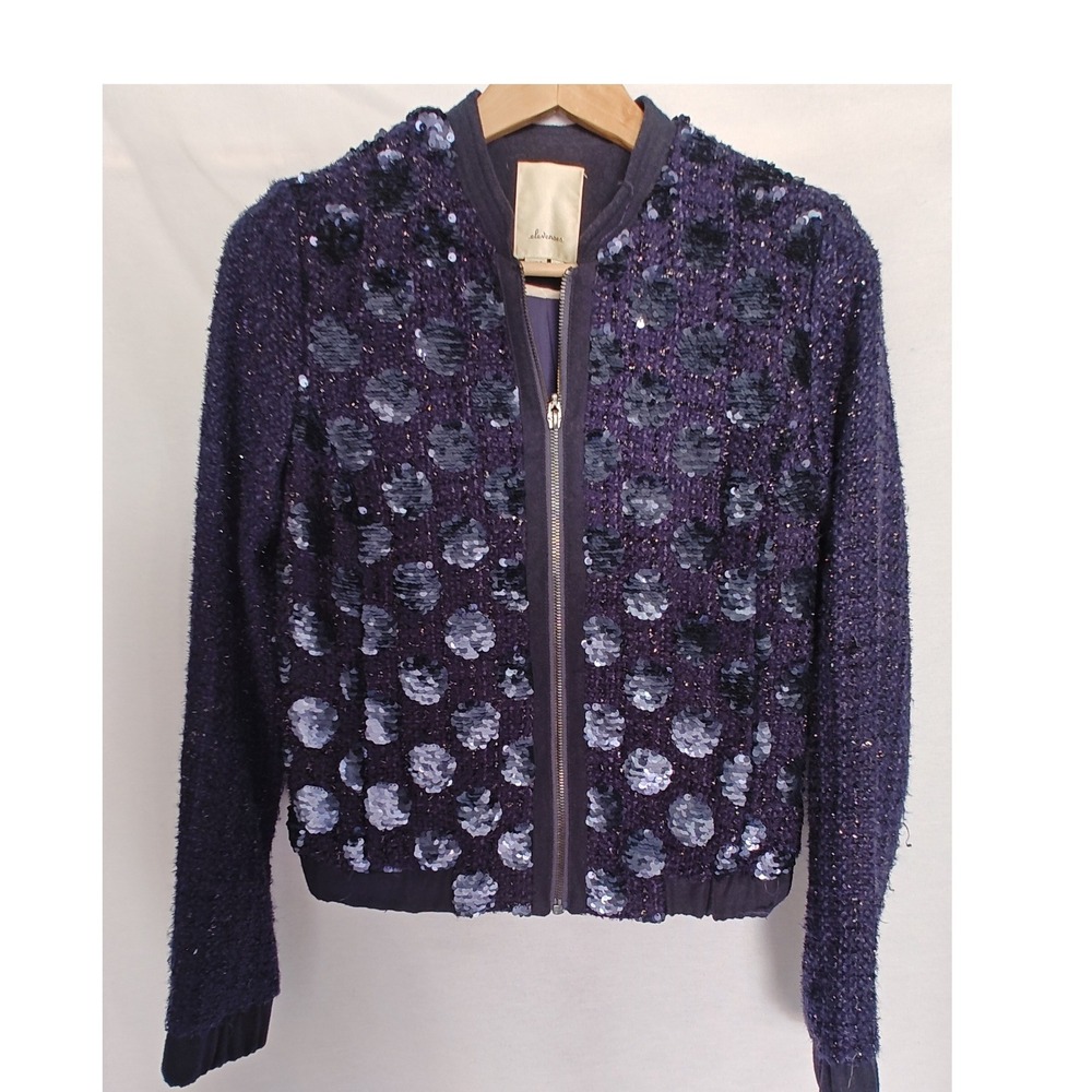 ANTHROPOLOGIE Elevenses Sequin Sky Bomber Jacket Blue Navy XS